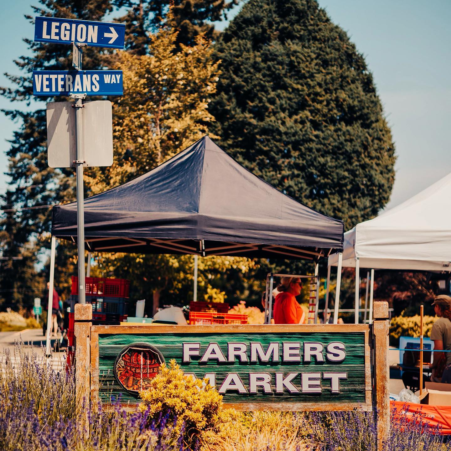 The qualicum beach farmers market wooden sign.