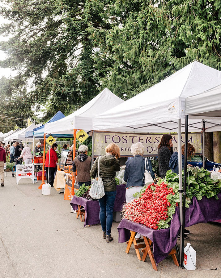 Visitors browsing a vegetable stand at the saturday farmers market in Qualicum Beach.